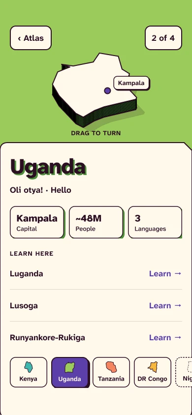 EastLanguage country page for Uganda: the country raised on a green stock, the greeting “Oli otya!”, capital Kampala, about 48 million people, and three languages to learn: Luganda, Lusoga and Runyankore-Rukiga.
