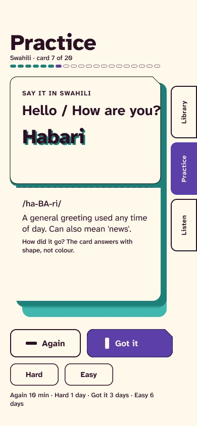 Practice screen: a Swahili review card asking “Say it in Swahili: Hello / How are you?” with the answer Habari, its pronunciation and meaning, and buttons to rate the card.